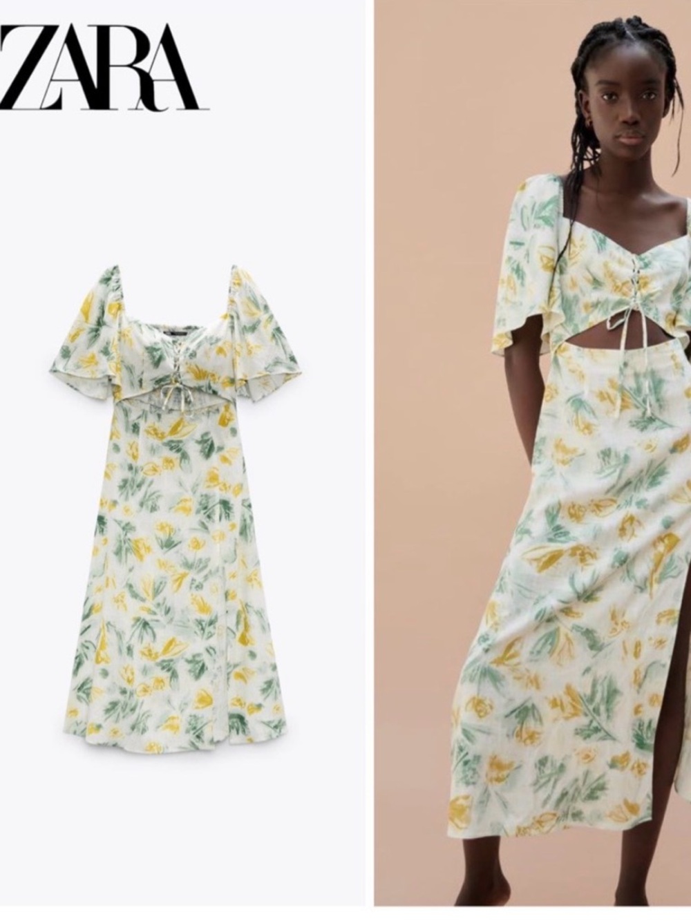 ZARA White Linen-Blend Midi Dress with Yellow & Green Floral Print Size S